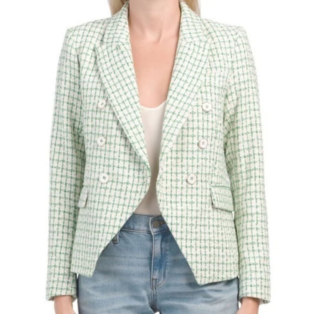 Rachel Zoe Green White Enamel Buttons Tweed Blazer Size XS 26882
